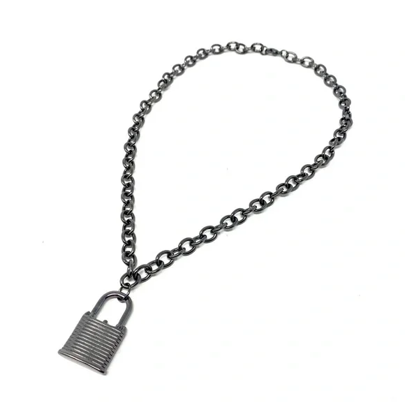 New Free People Black Silver Chain Lock Necklace - Picture 2 of 5